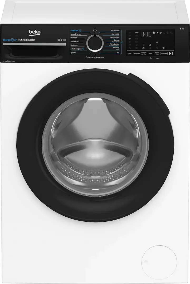Beko Waschmaschine mit schwarzer Glastür.